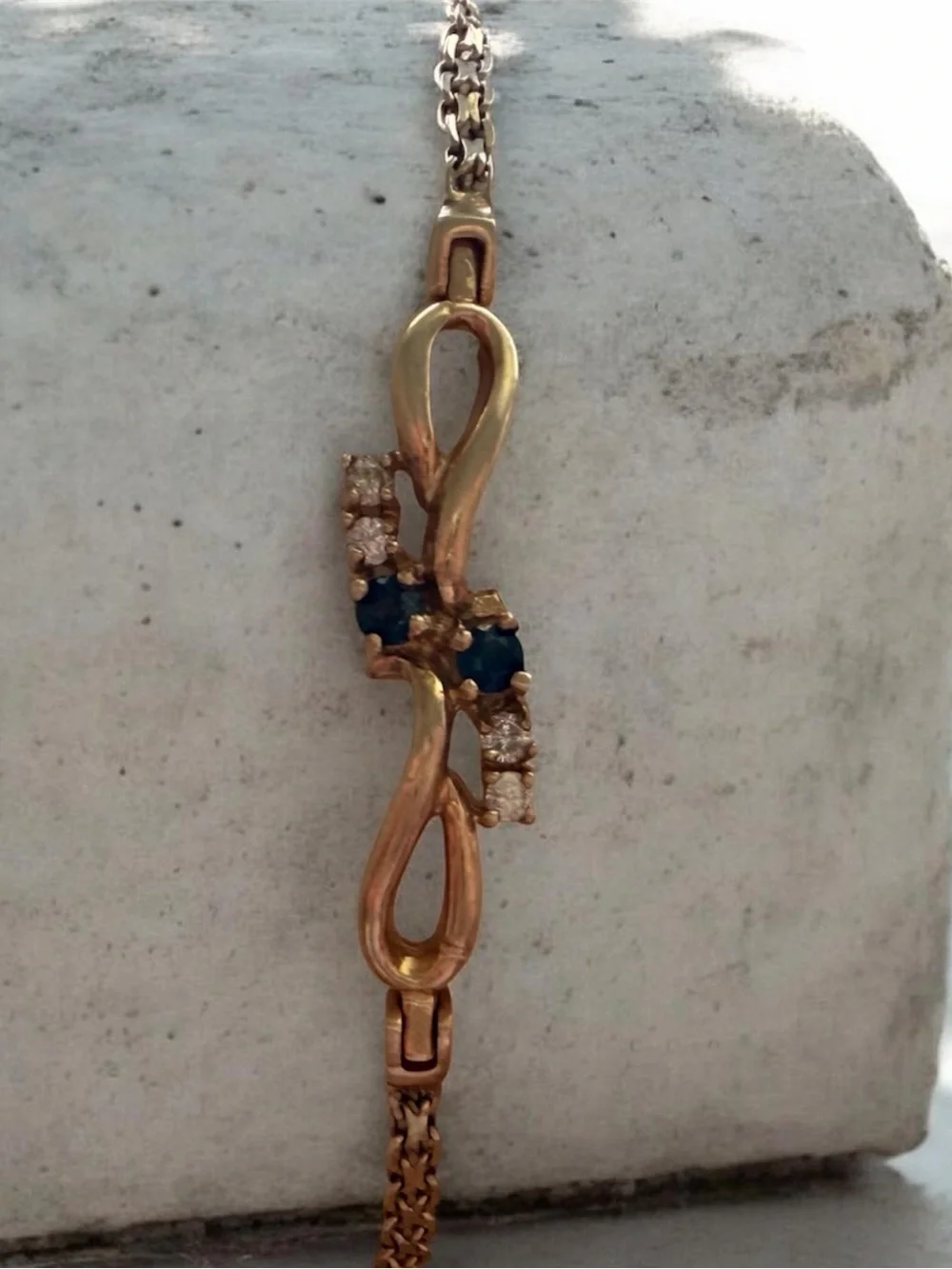 14K Gold Vintage Fancy Link chain, sapphire and diamond bracelet